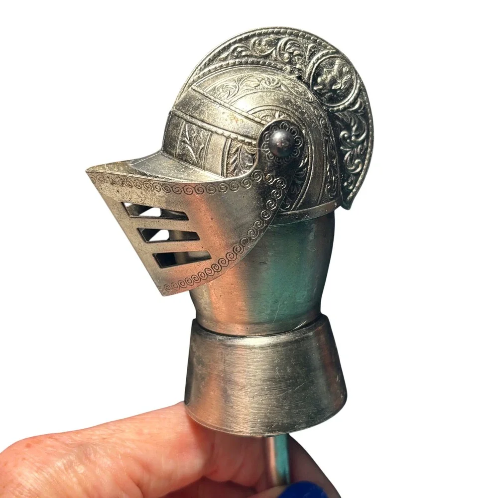 Bottle Pourer Silver Medieval Knight Helmet Movable Visor Embossed Metal Barware